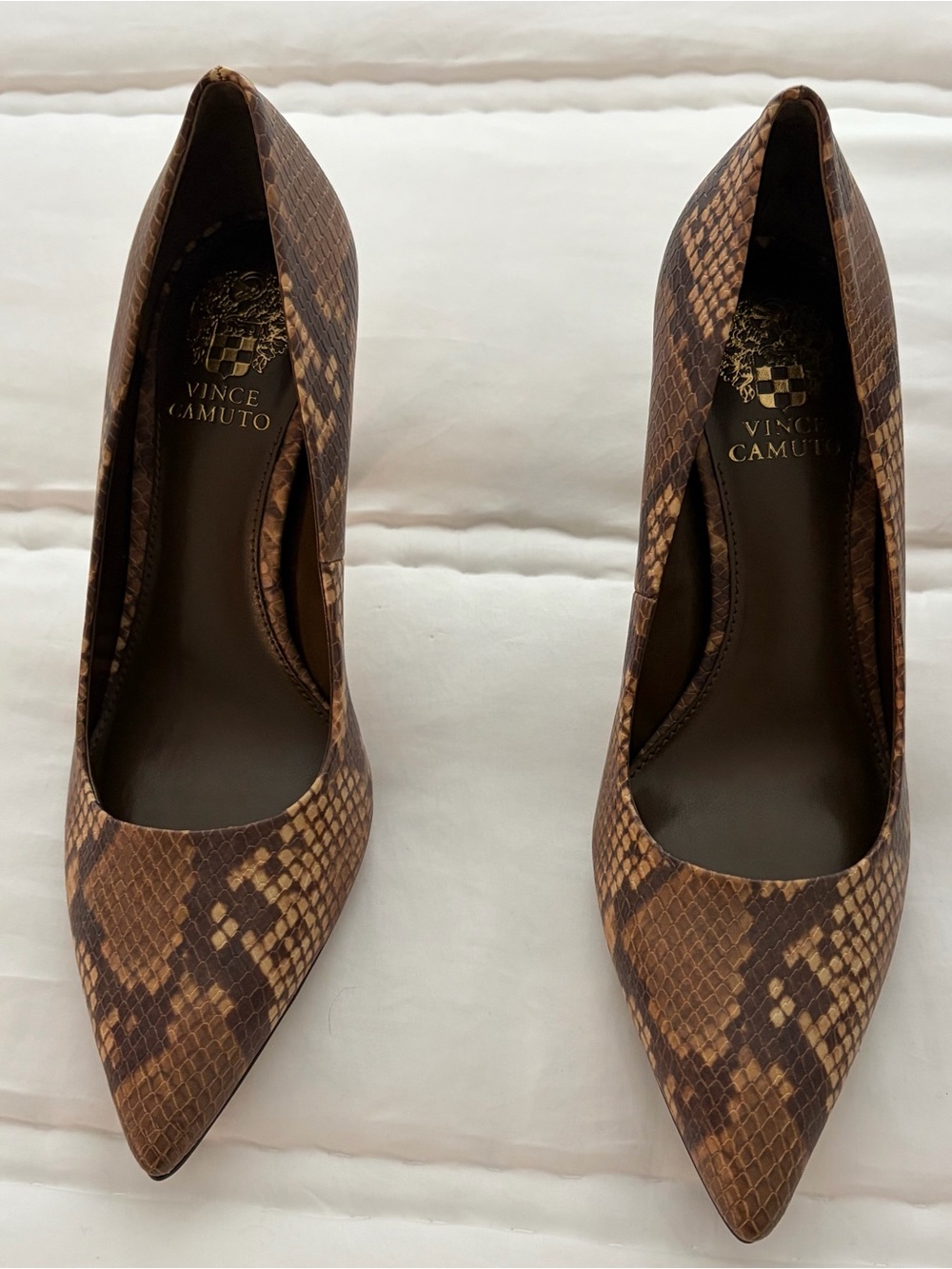 Vince Camuto Brown Snake-Print Pointed Toe Pumps